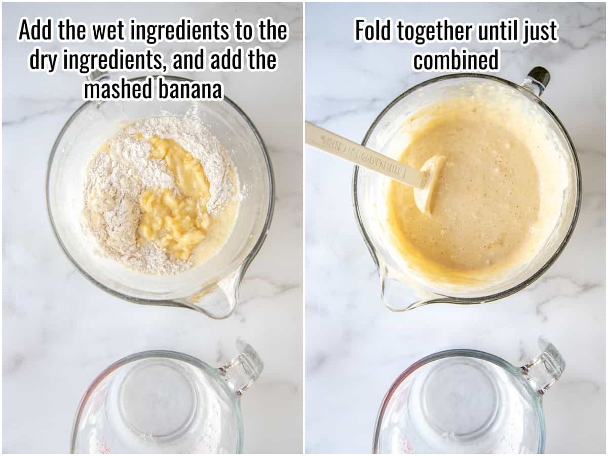 collage of mixing together banana pancake batter.
