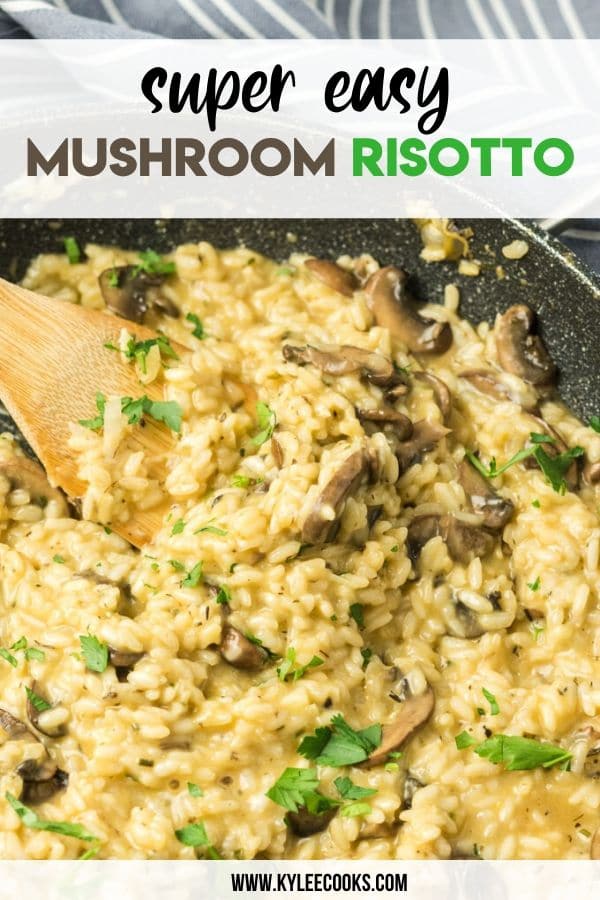 mushroom risotto pin with text overlay