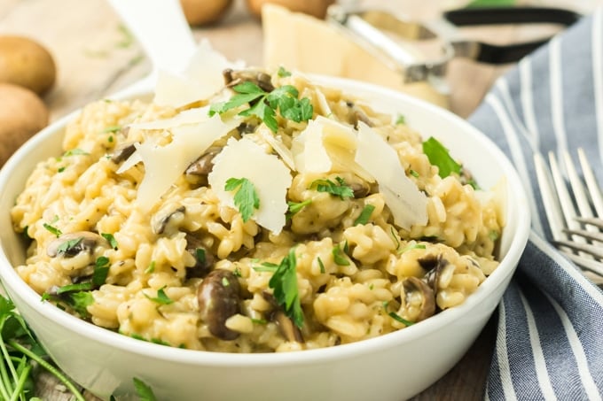 mushroom risotto in a round bowl