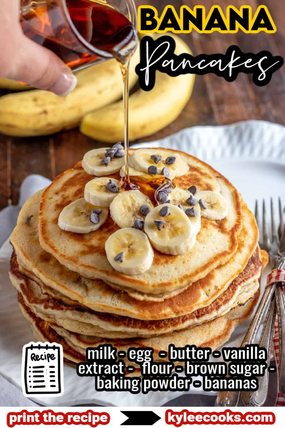 Banana pancakes on a plate with syrup being poured over, with ingredients overlaid in text.