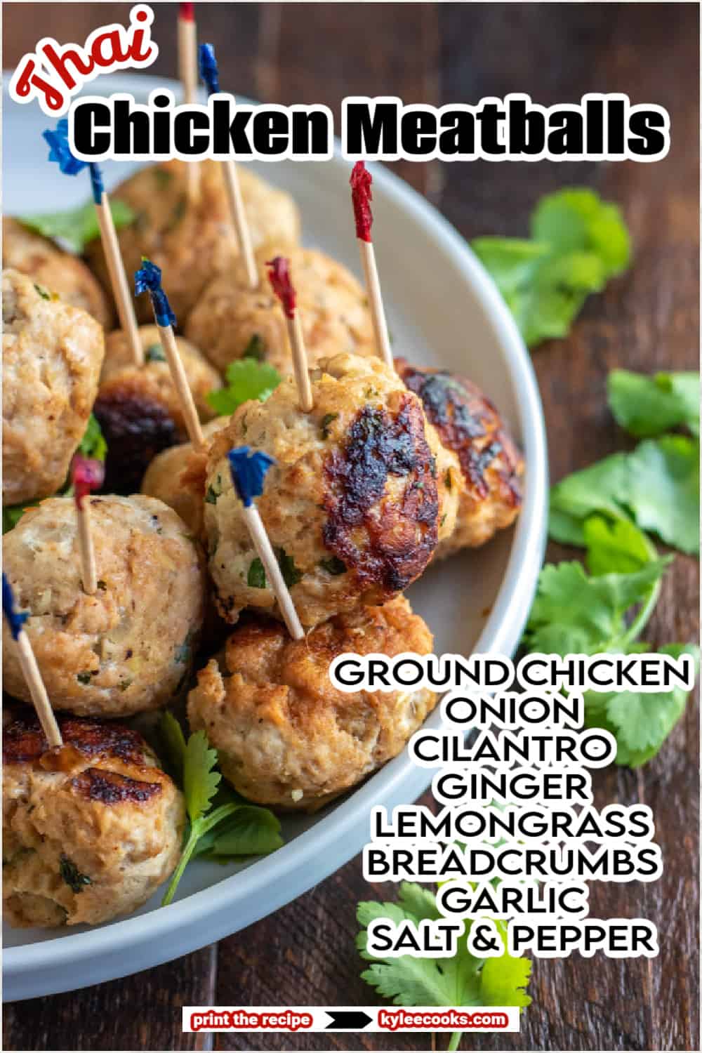 thai chicken meatballs with recipe name and ingredients overlaid in text.