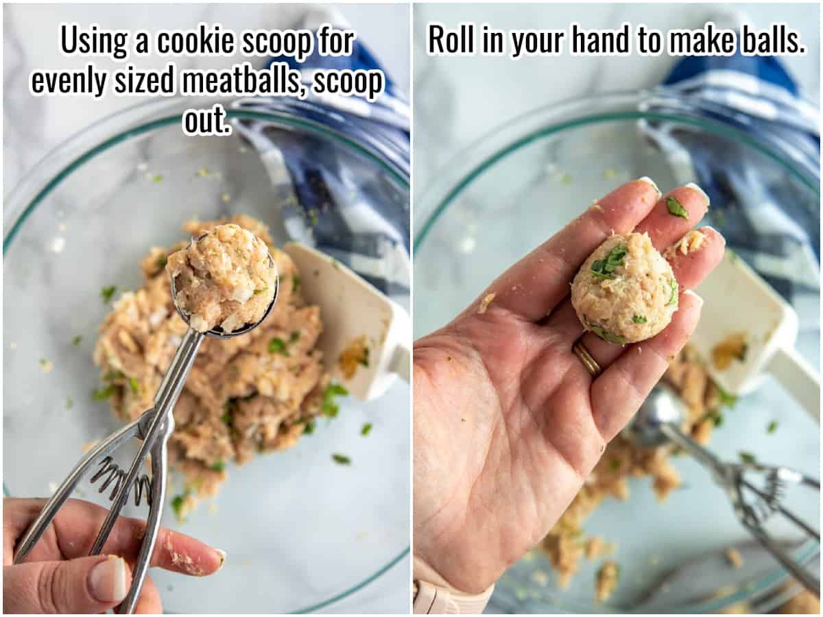 collage of scooping and shaping meatballs.