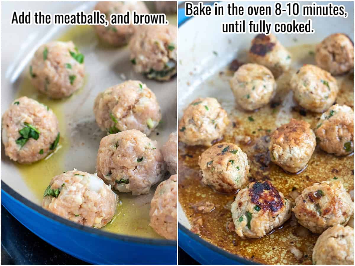 collage of uncooked and cooked meatballs in a skillet.