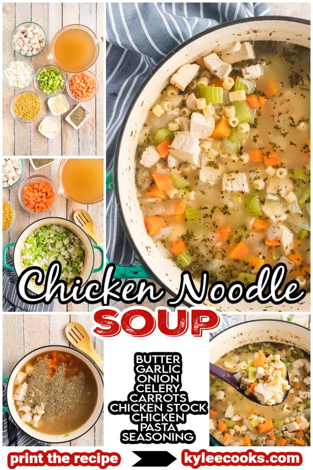 chicken noodle soup in a ladle with recipe name overlaid in text