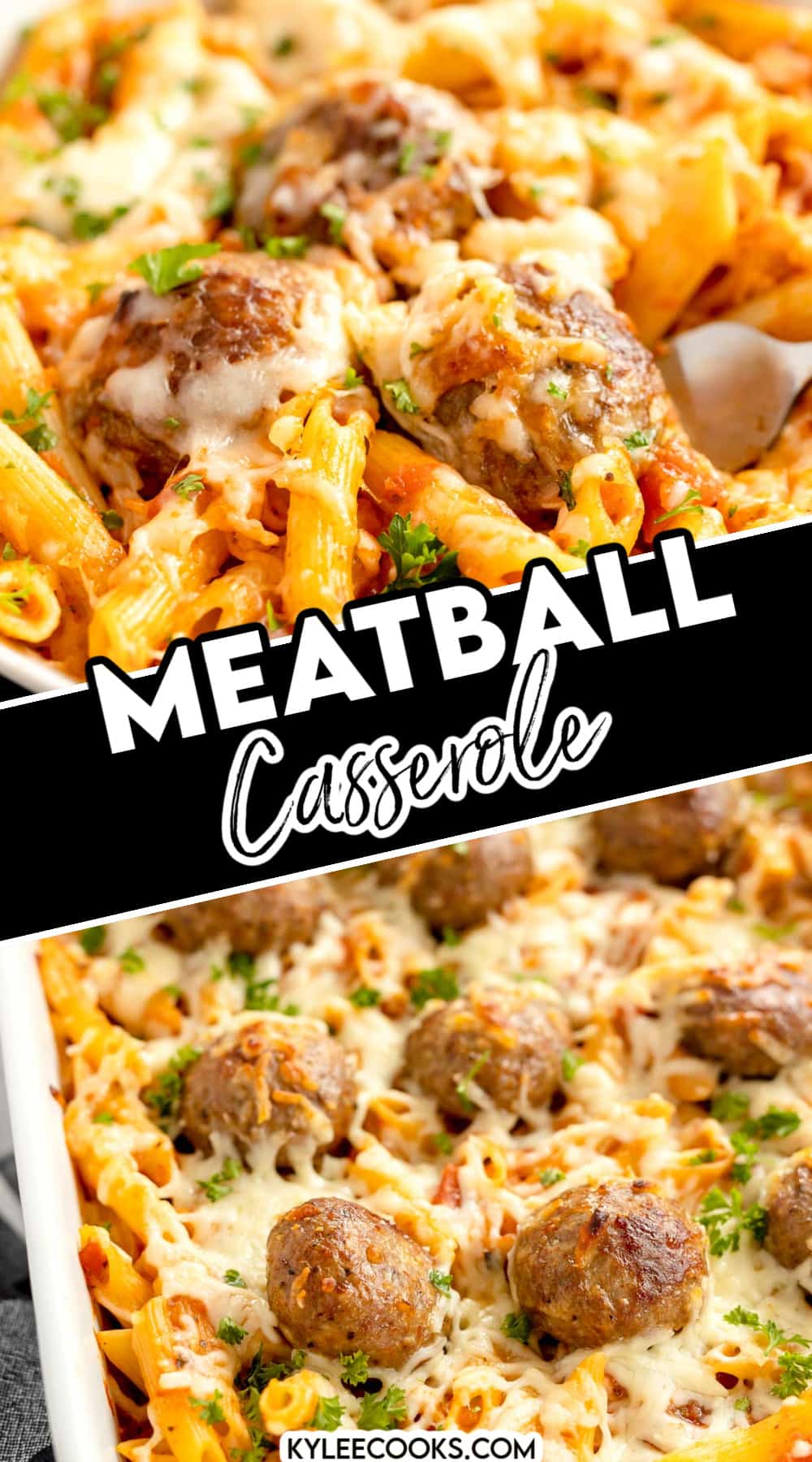 meatball casserole with ingredient list and images, plus recipe name overlaid in text.