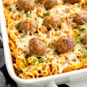 meatball casserole in a white dish.