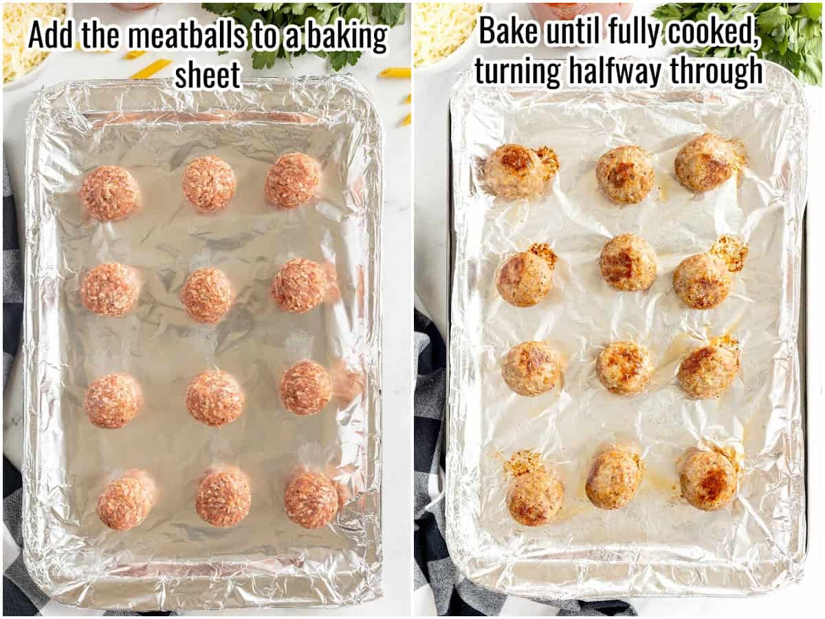 collage of uncooked and cooked meatballs on a baking sheet.