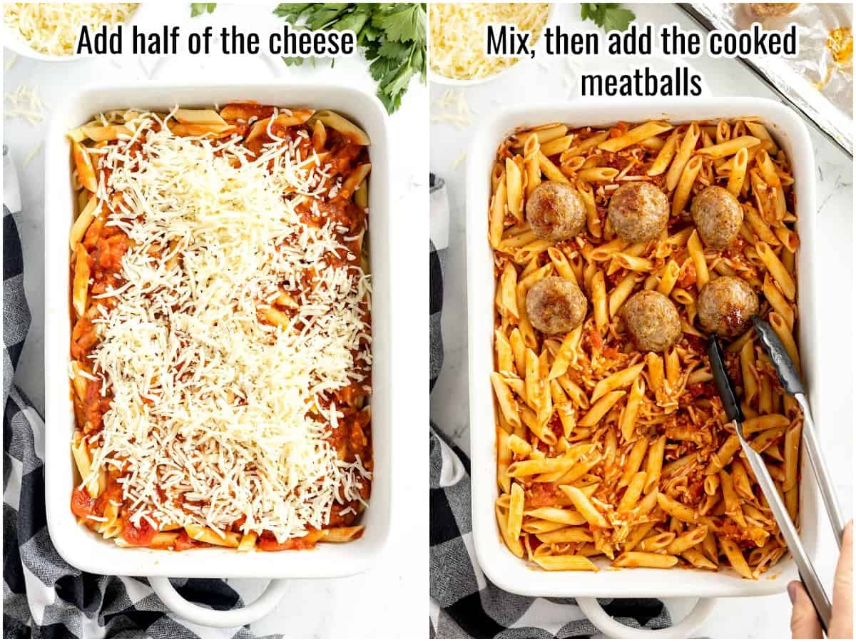 collage of 2 casserole dishes with cheese and meatballs.