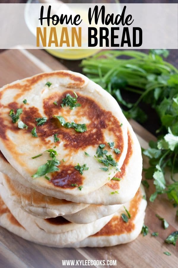 naan bread on a board with recipe name overlaid in text.