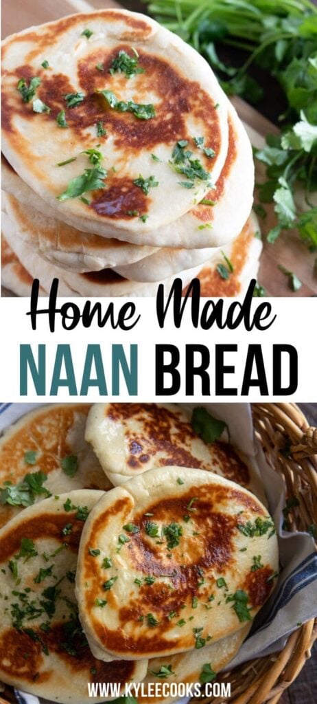collage of naan bread on a board and in a basket with recipe name overlaid in text.