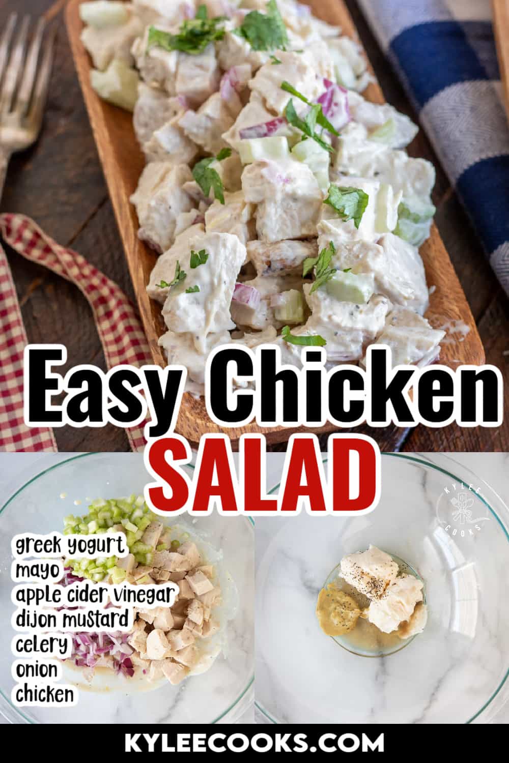 collage of chicken salad and bowls with recipe name and ingredients overlaid in text.