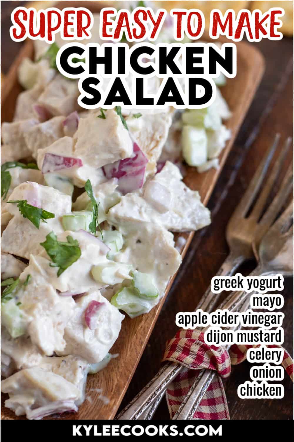 chicken salad on a wooden platter with recipe name and ingredients overlaid in text.