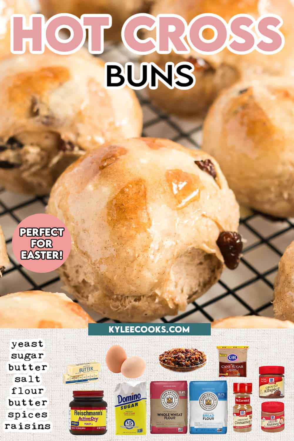 hot cross buns on a cooling rack.