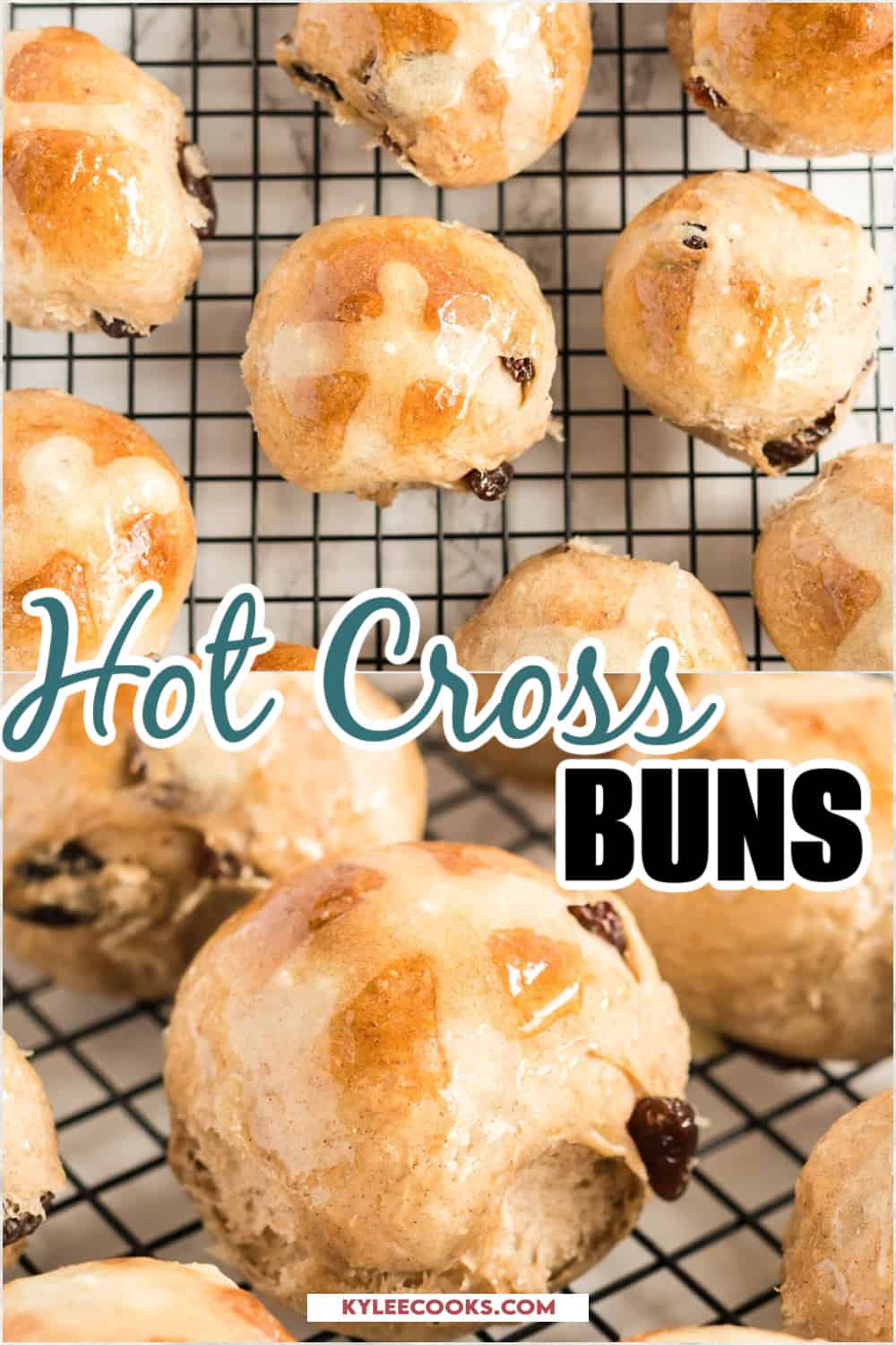 hot cross buns on a cooling rack.