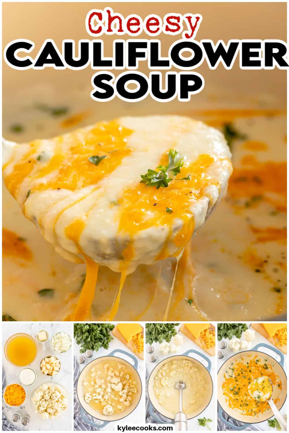 cauliflower cheese soup with recipe name overlaid in text.