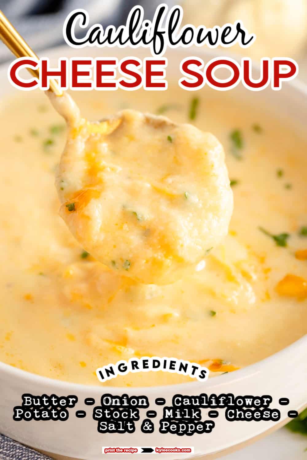 cauliflower cheese soup with recipe name overlaid in text.