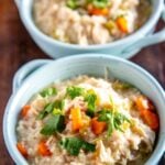 instant pot chicken and rice in two teal bowls