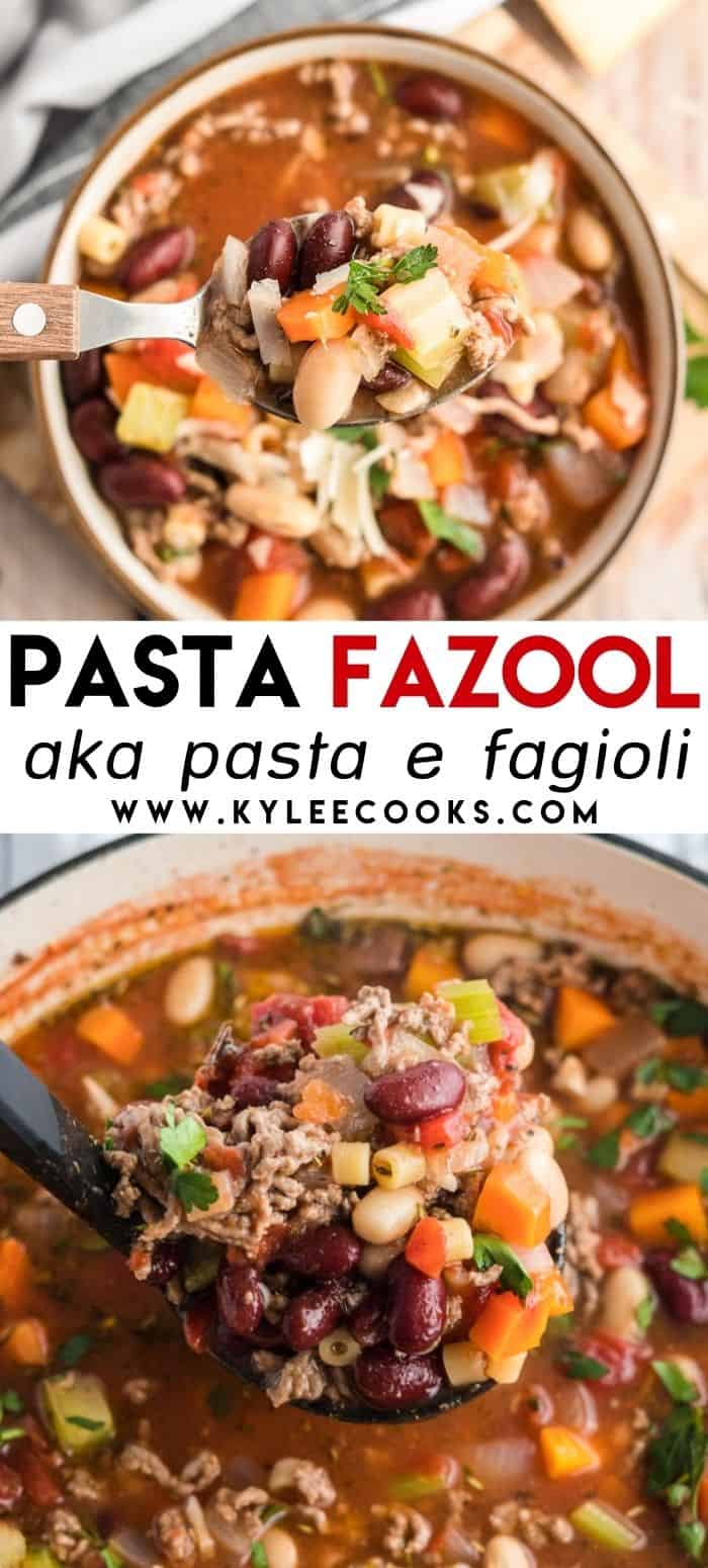 collage of pasta fazool with recipe name overlaid in text