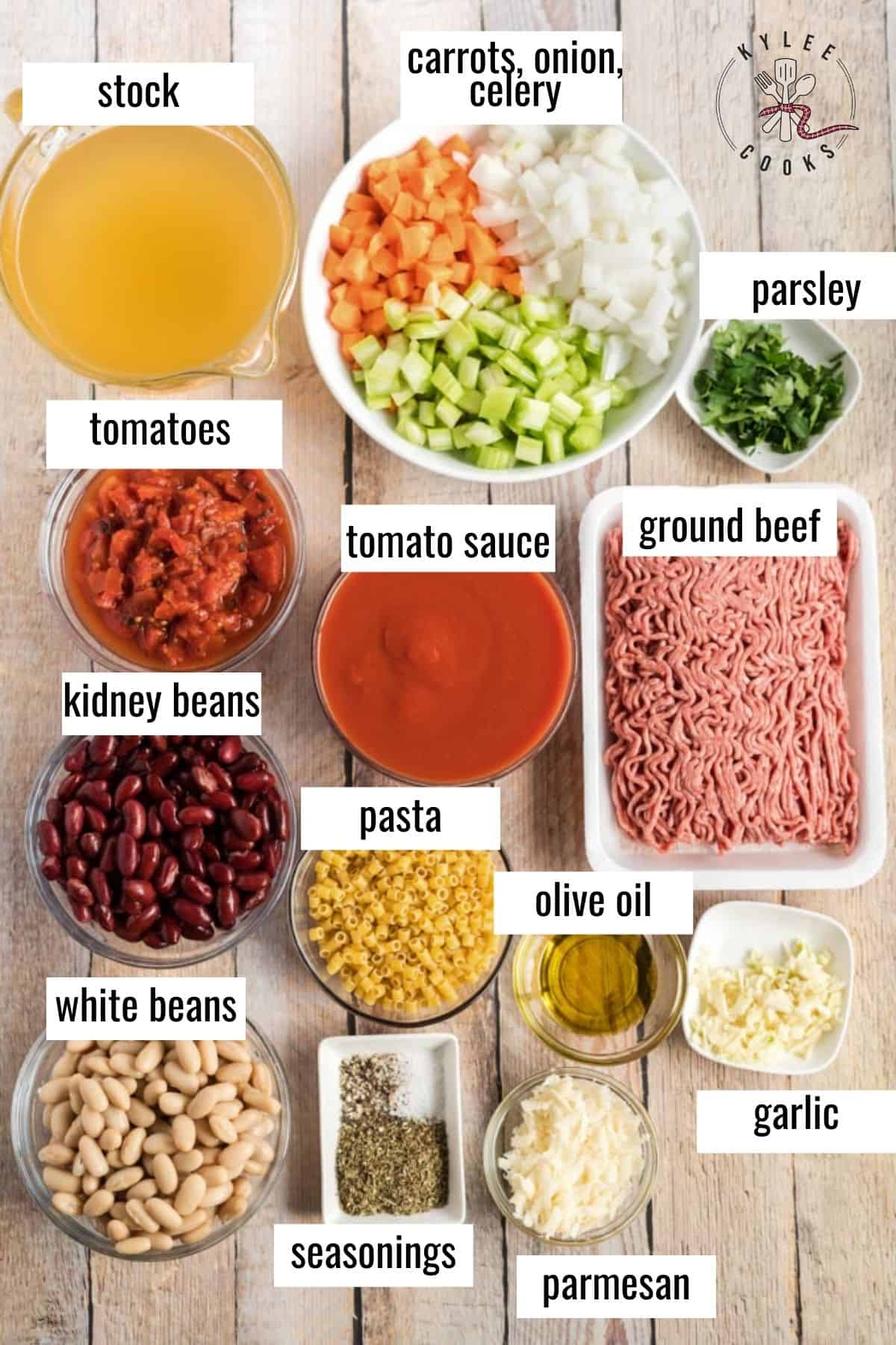 ingredients to make pasta fazool laid out and labeled