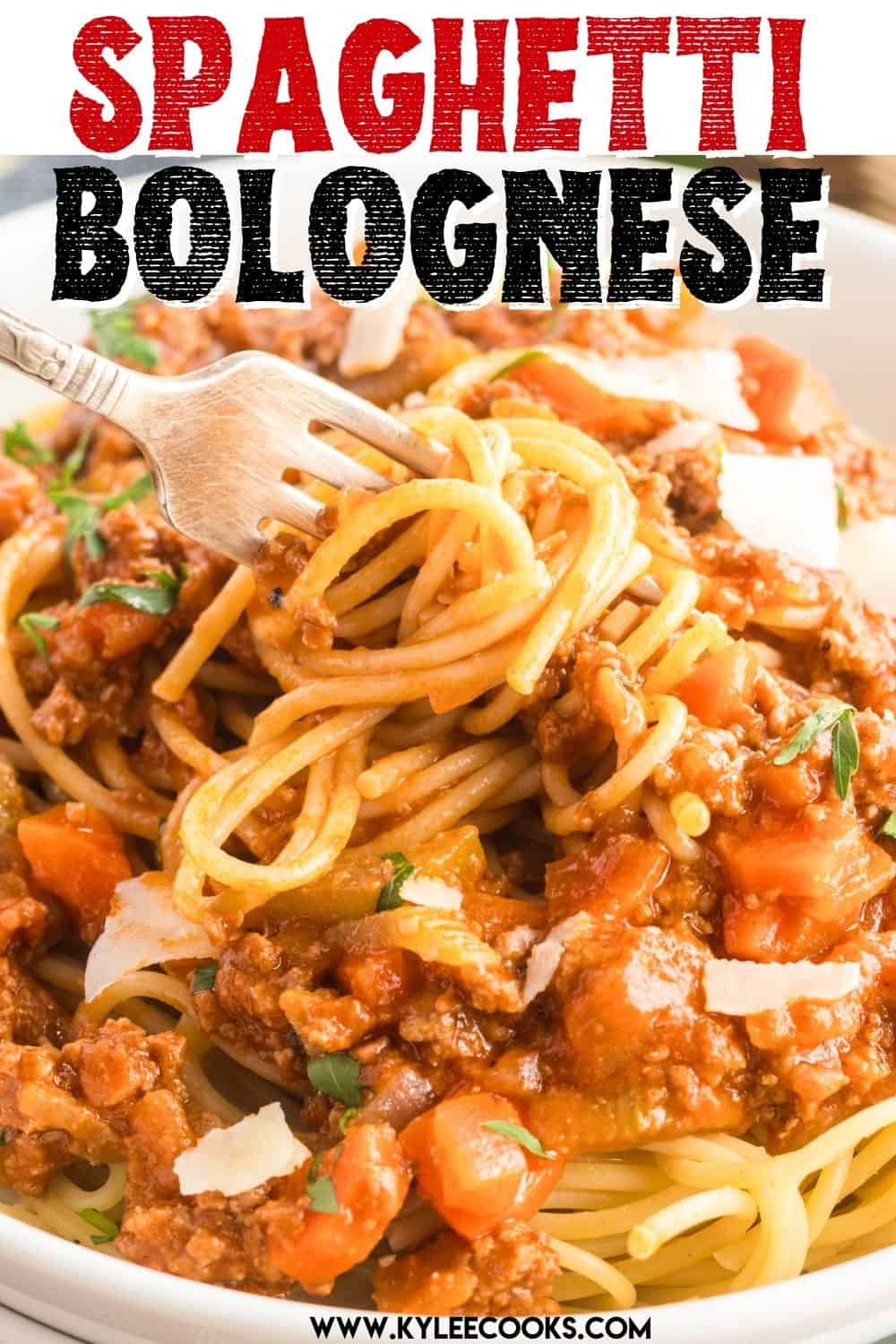 Spaghetti Bolognese with recipe title overlaid in text