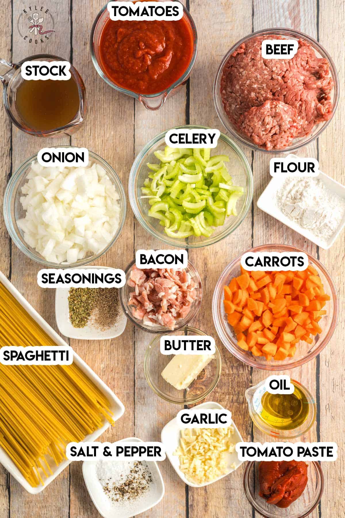 spaghetti bolognese ingredients laid out and labeled