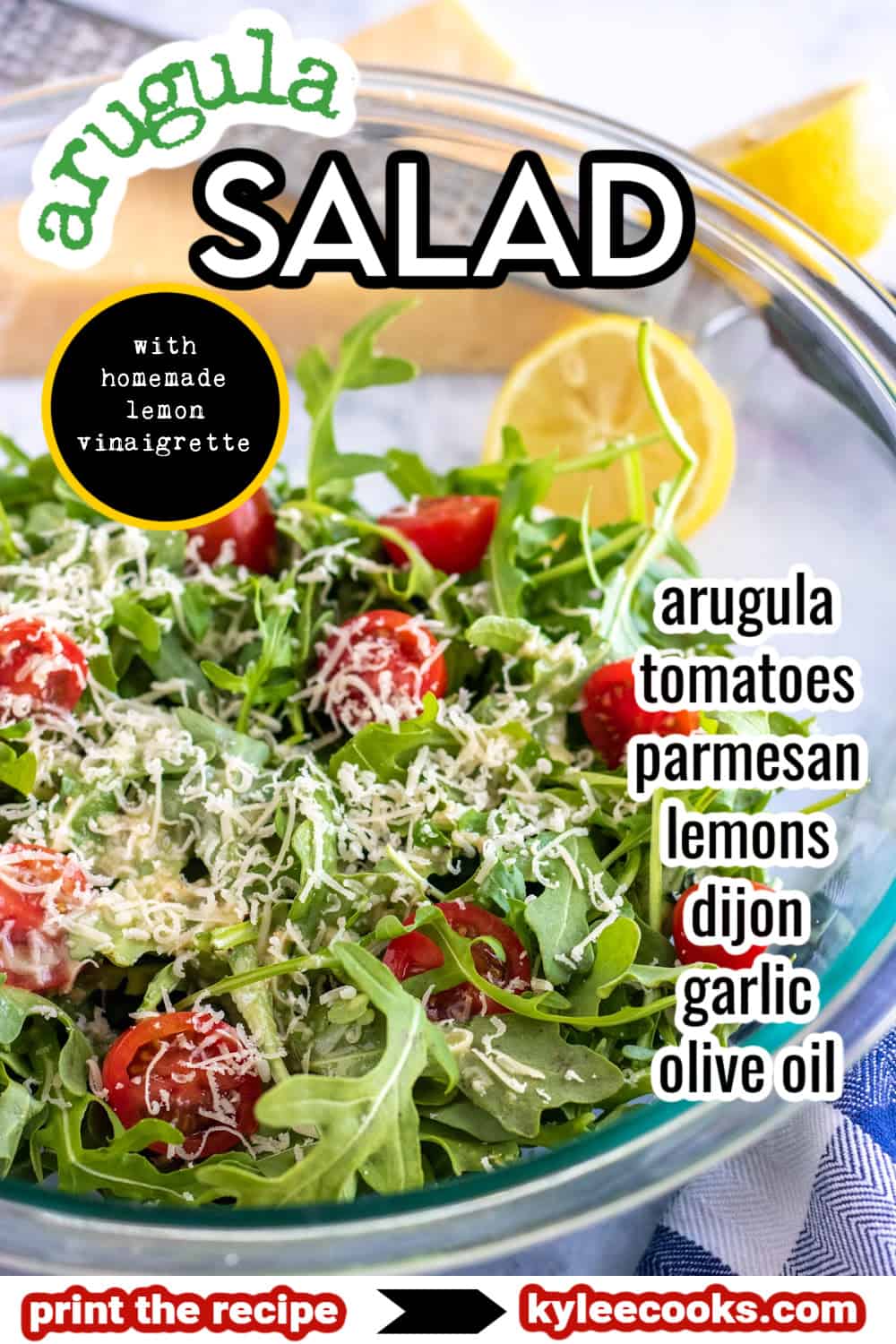 arugula salad in a clear glass bowl with text overlay.