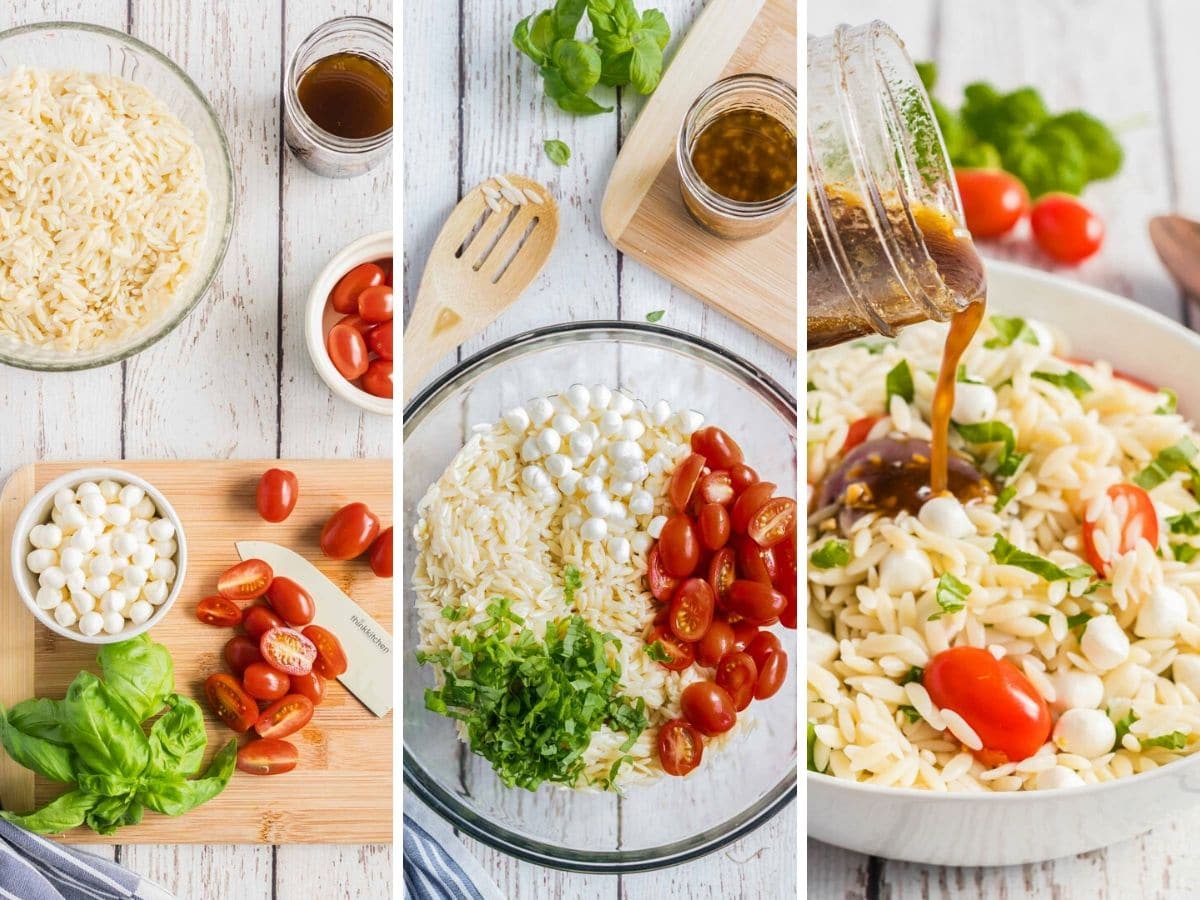 step by step photos showing how to assemble a caprese orzo salad