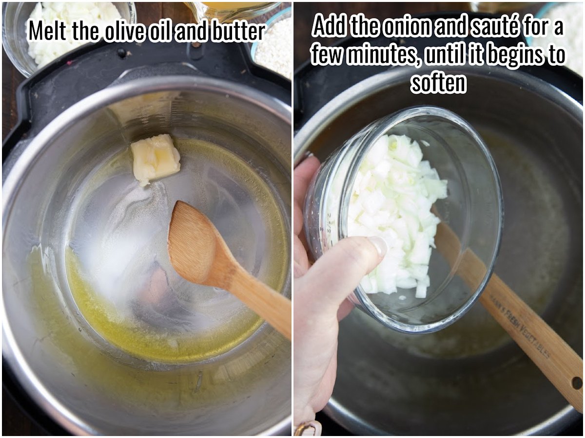 collage of adding butter and olive oil to an instant pot for risotto.