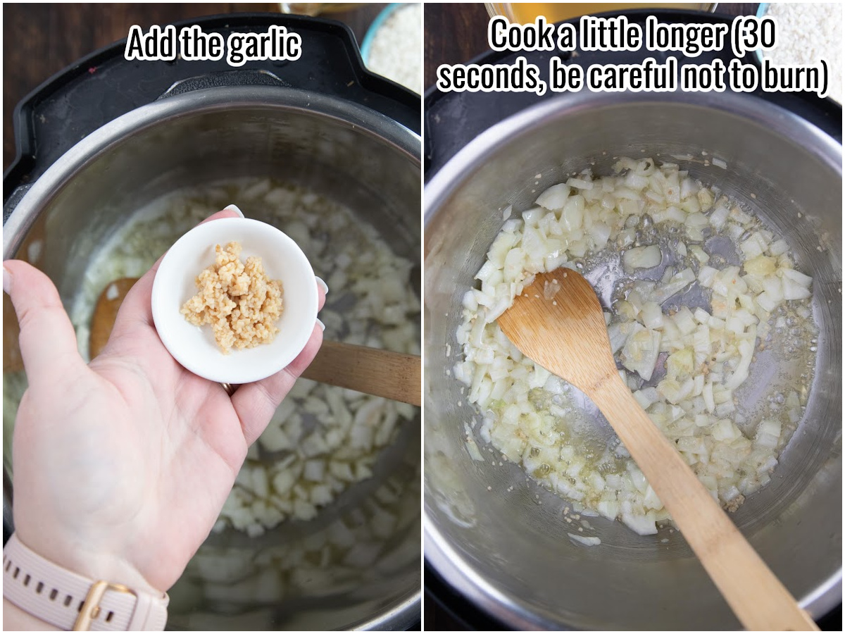 collage of adding garlic to an instant pot for risotto.