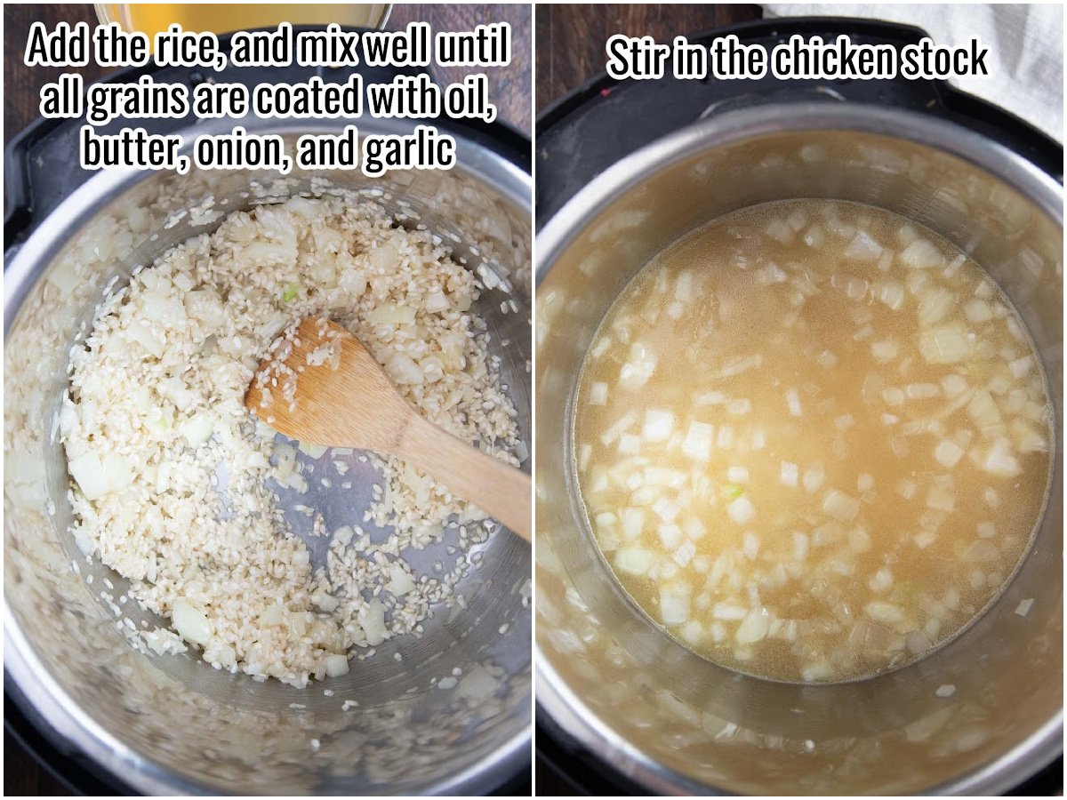 collage of adding rice to an instant pot for risotto.