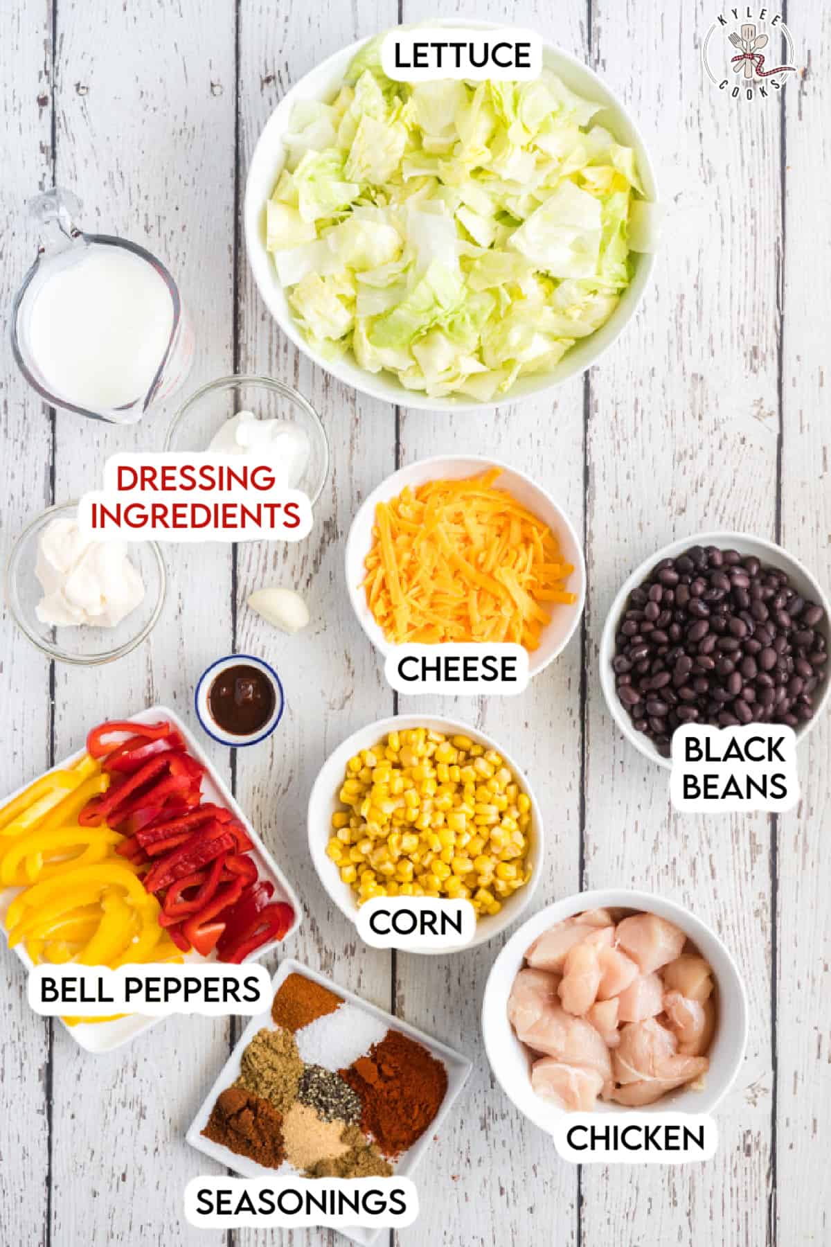 southwestern chicken salad ingredients laid out and labeled
