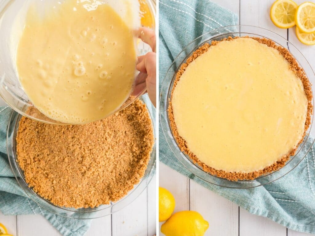 collage showing pouring lemon pie filling into the base
