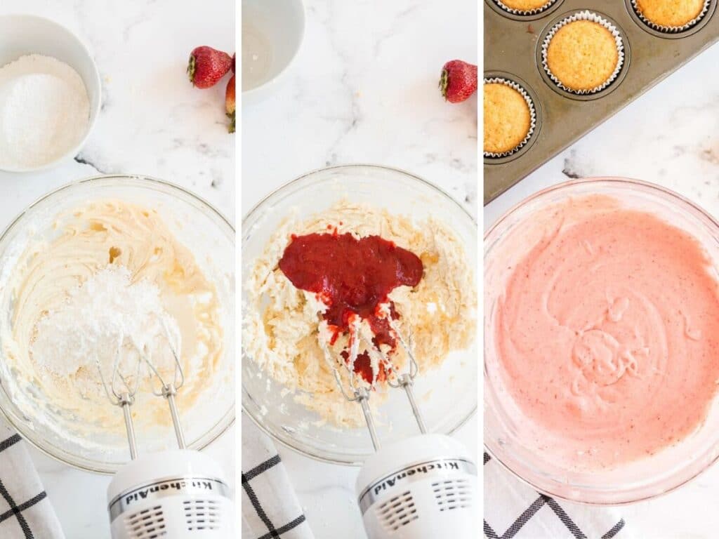 3 pics in a collage showing how to make strawberry buttercream