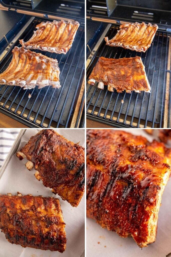 4 pic collage showing the cooking process for grilled ribs