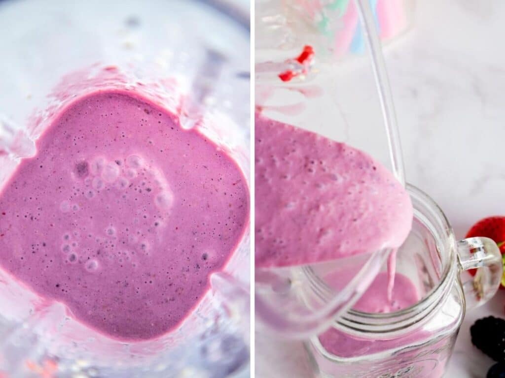 pouring a purple smoothie from a blender