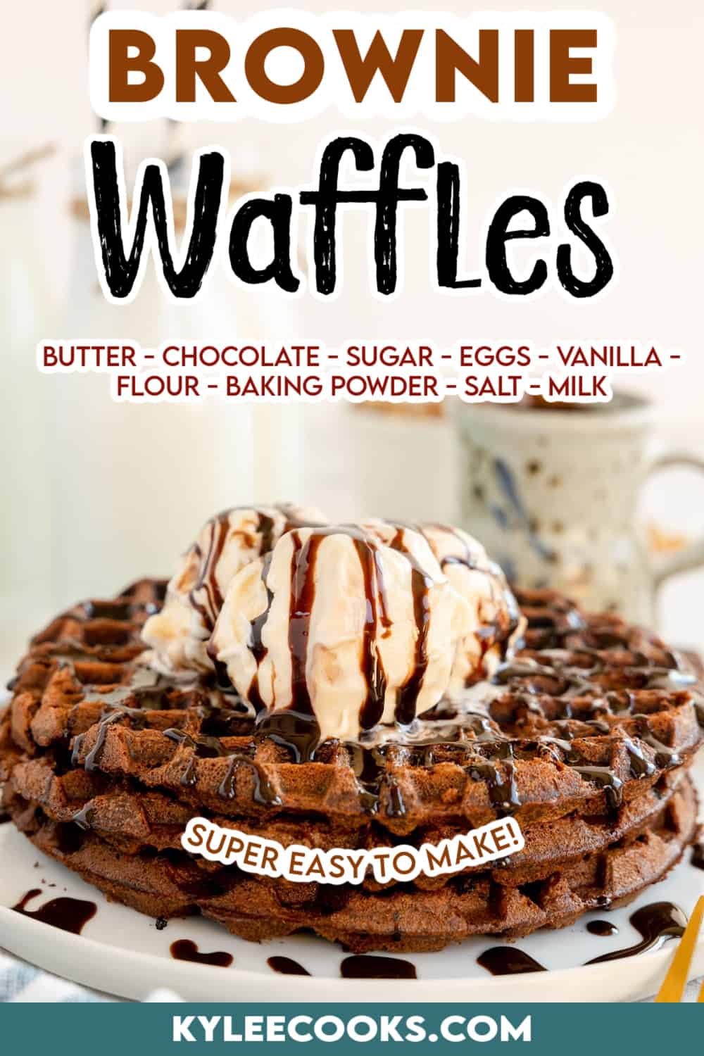 brownie waffles on a plate with a scoop of vanilla icecream with recipe name overlaid in text.