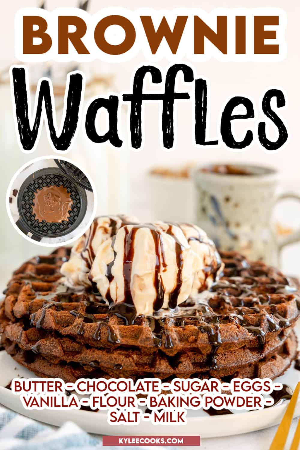 a stack of brownie waffles with recipe name and ingredients overlaid in text,