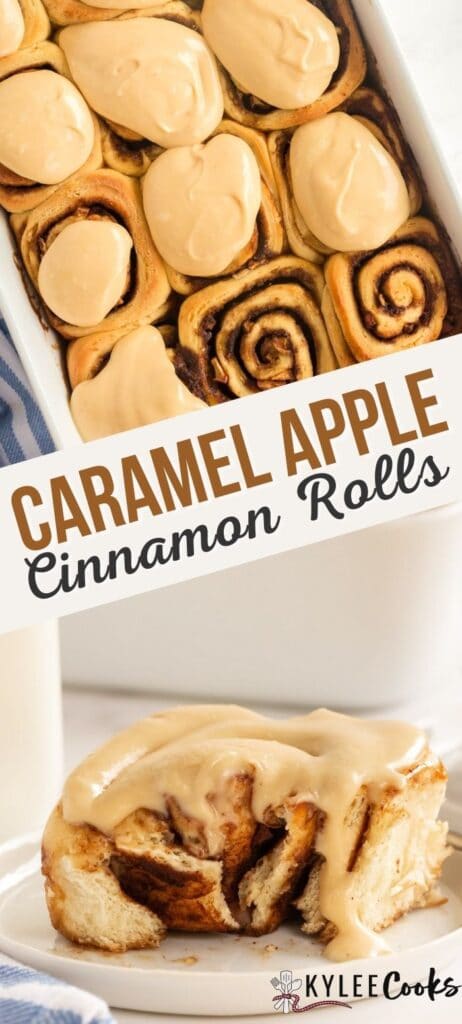 caramel apple cinnamon rolls pin with text overlay