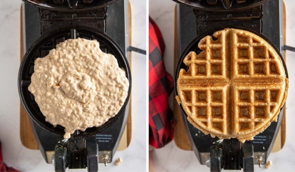 uncooked and cooked waffle on a waffle iron