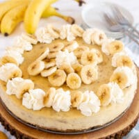square image of banana cheesecake