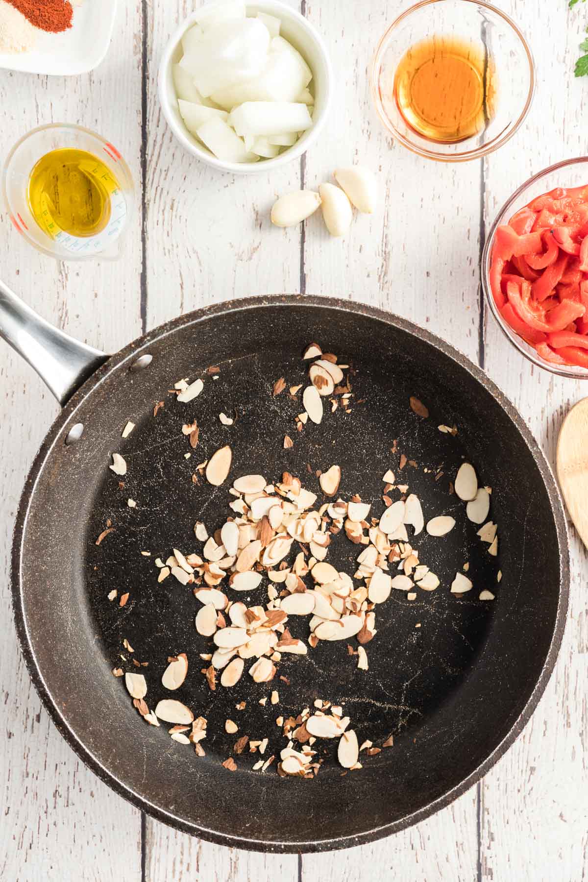 toasting almonds in a skillet