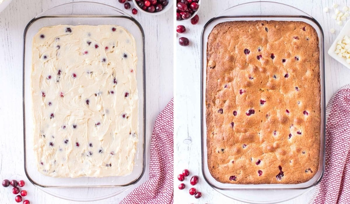 step by step photos showing cranberry cake before and after baking