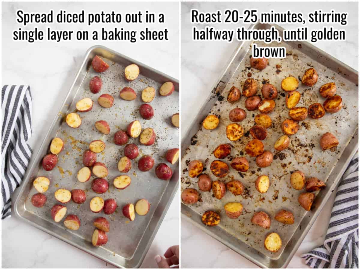 collage of uncooked and cooked potatoes on a sheet pan
