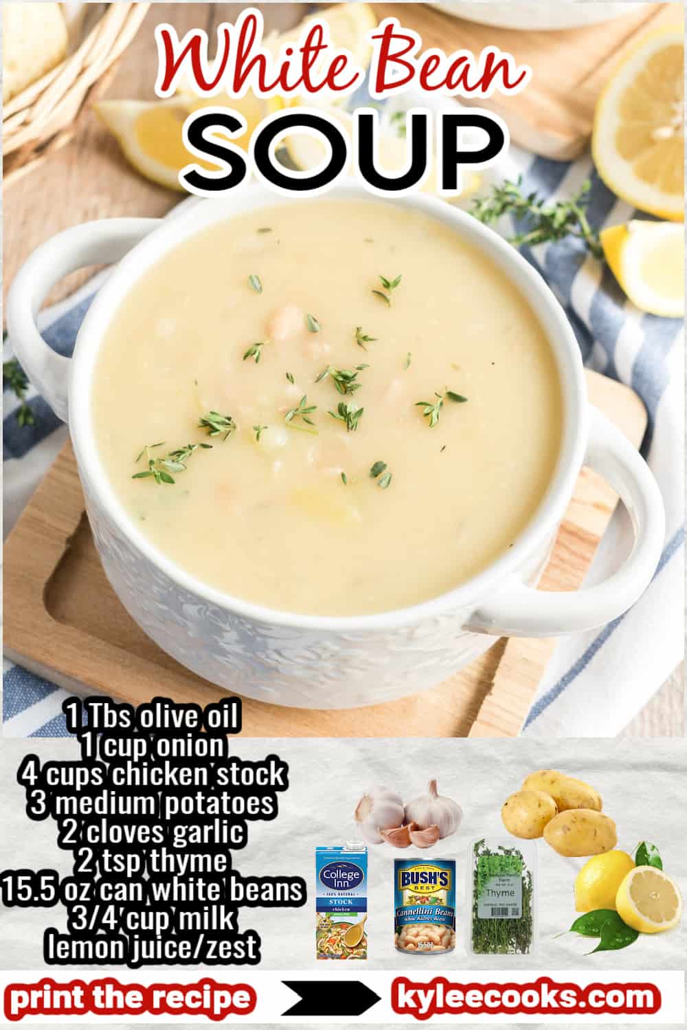 white bean soup in a bowl with ingredients and title overlaid in text