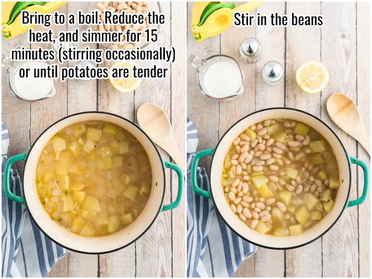 collage of steps to make white bean soup - steps 4-5