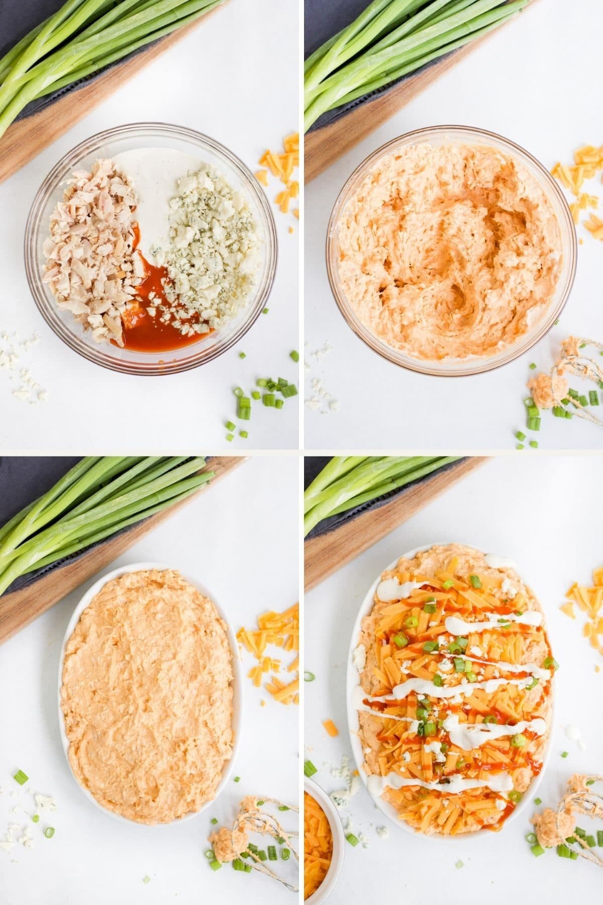 step by step photos showing how to make buffalo chicken dip