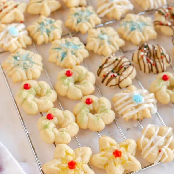Christmas Spritz Cookies on a cooling rack