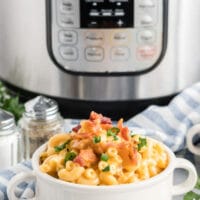 Instant pot mac and cheese in a white bowl