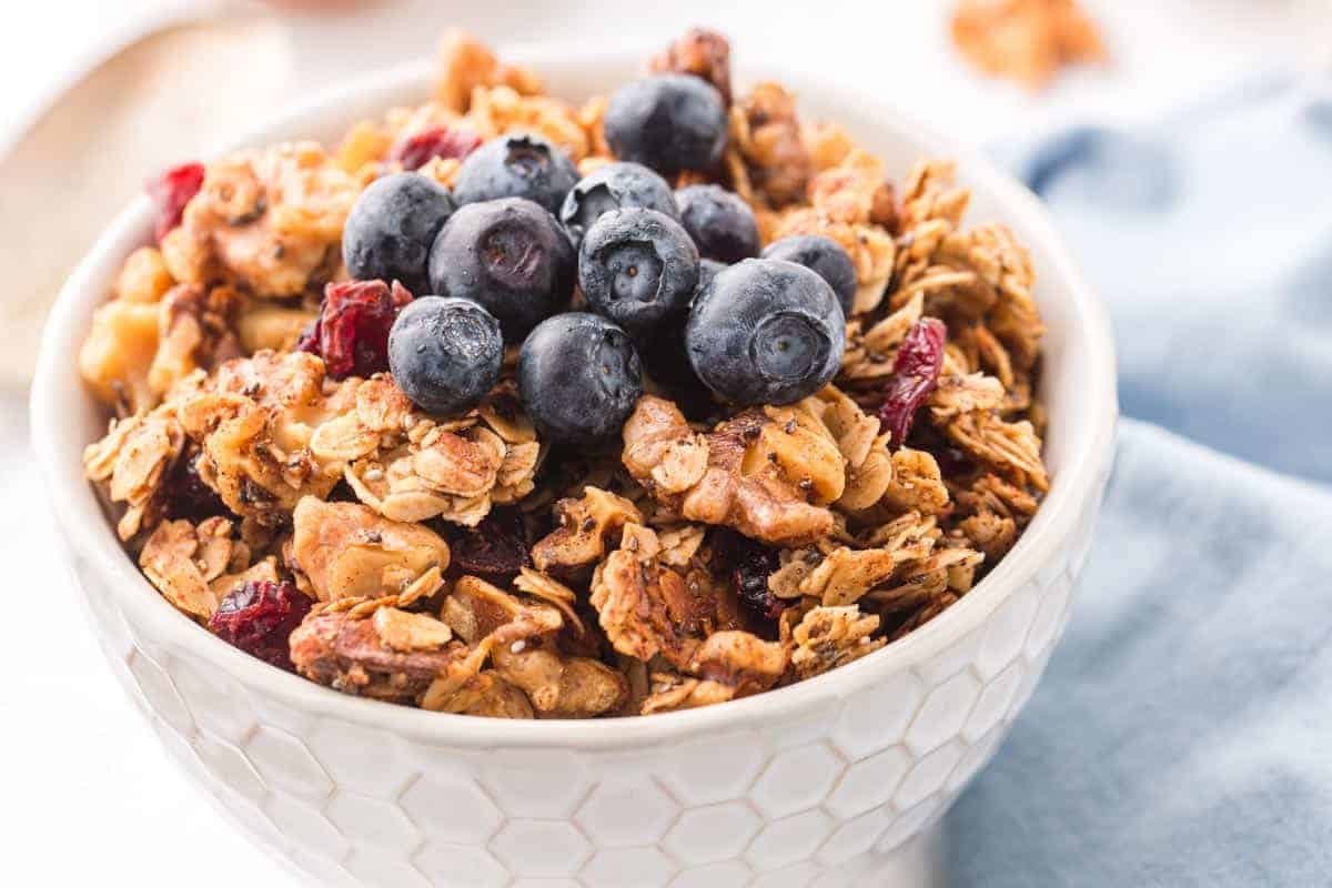 bowl of granola with blueberries