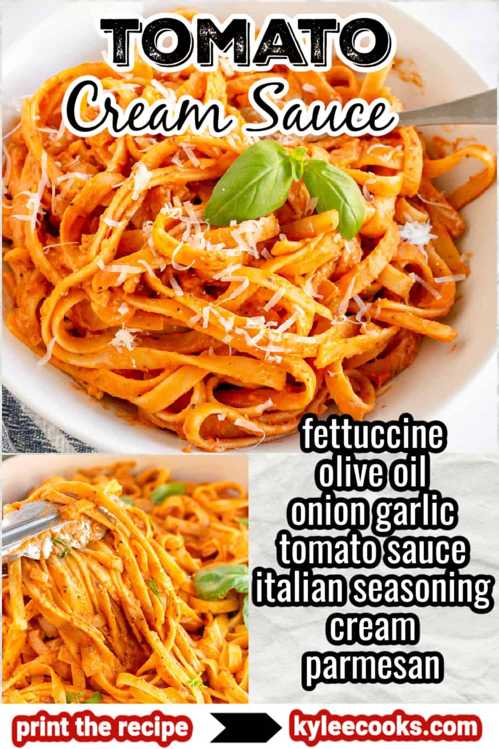 tomato cream sauce with text and ingredients overlaid on top